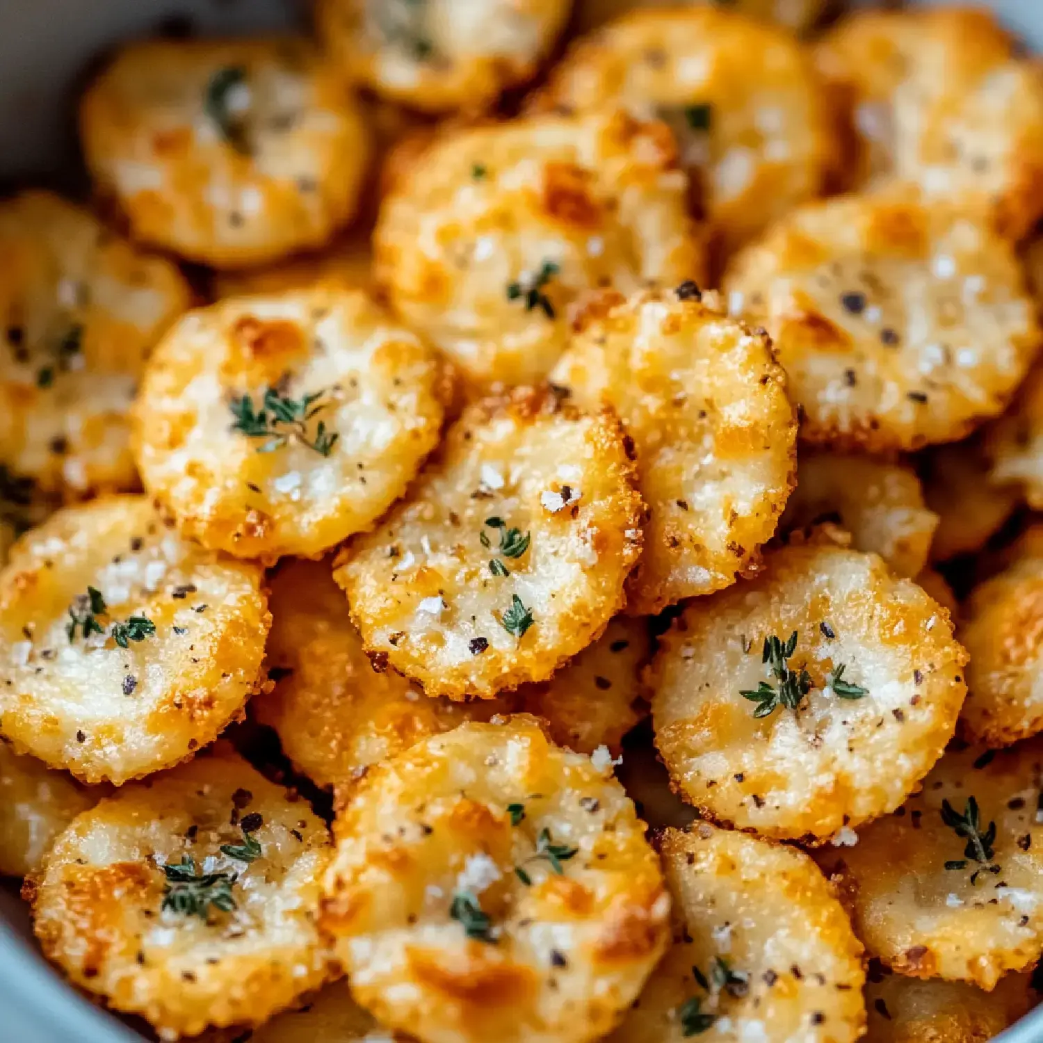 A close-up of crunchy, golden-brown cheese crisps garnished with herbs and seasoning.