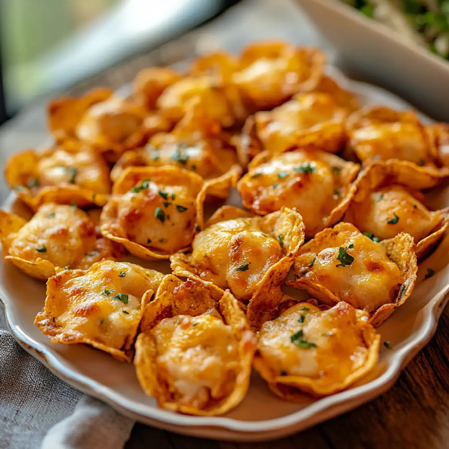 A platter of golden, baked tortilla cups filled with melted cheese and garnished with parsley.