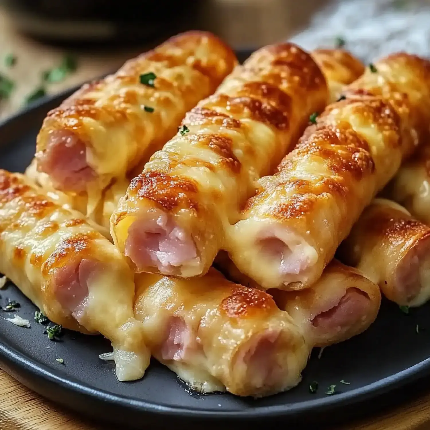 A close-up of a plate of baked cheese-wrapped ham rolls, golden and crispy on the outside.