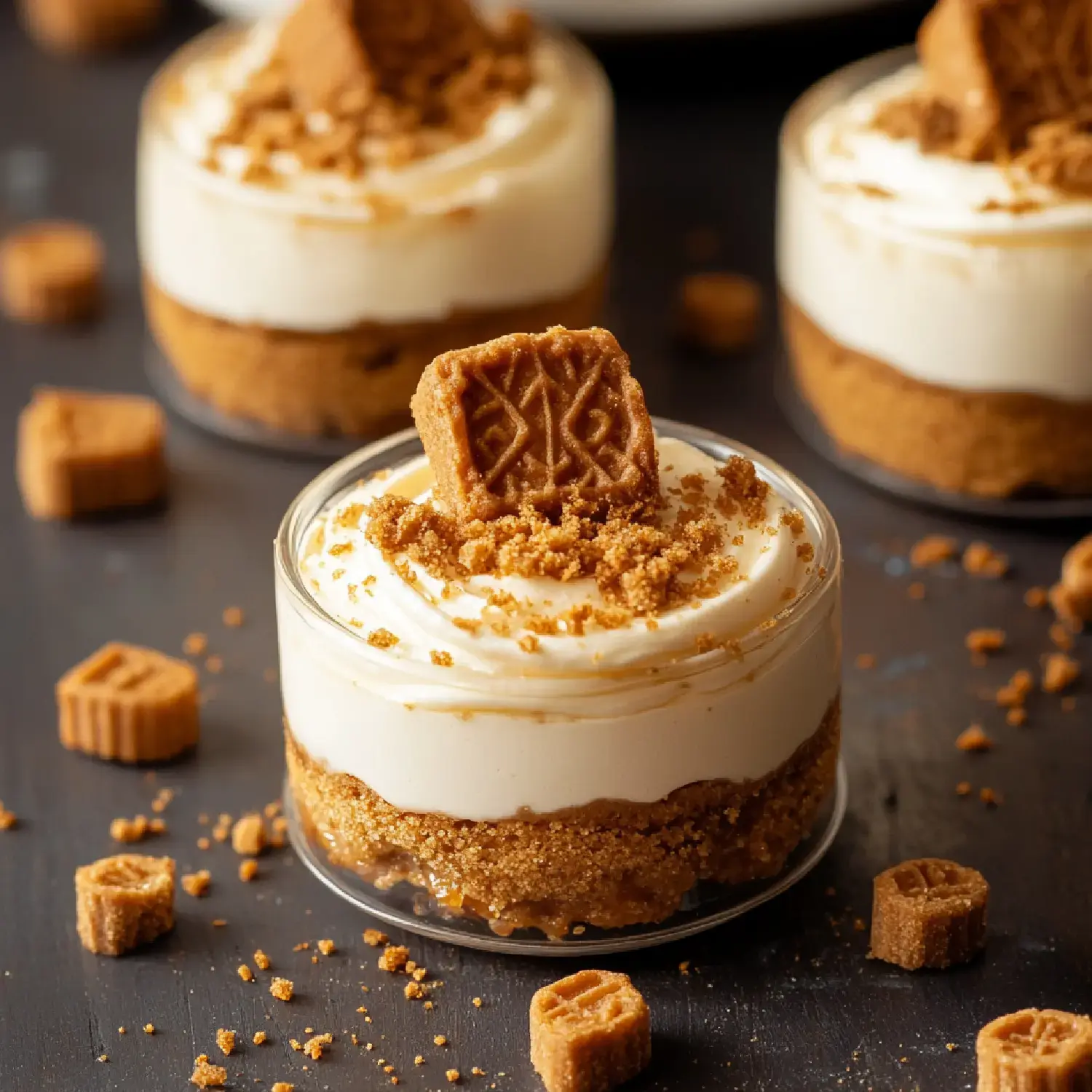 A close-up of small dessert cups layered with creamy filling and crushed cookie crumbs, topped with a whole cookie and surrounded by scattered cookies.