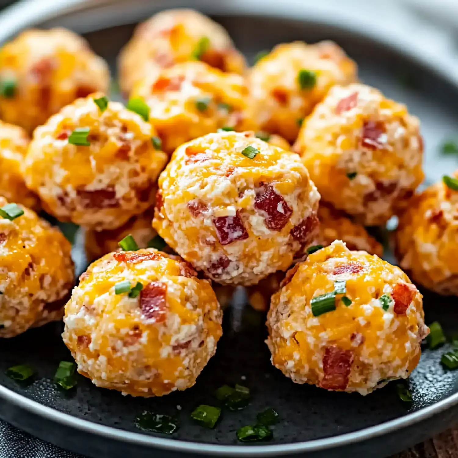 A close-up of golden cheese balls with diced bacon and green chives, arranged on a dark plate.