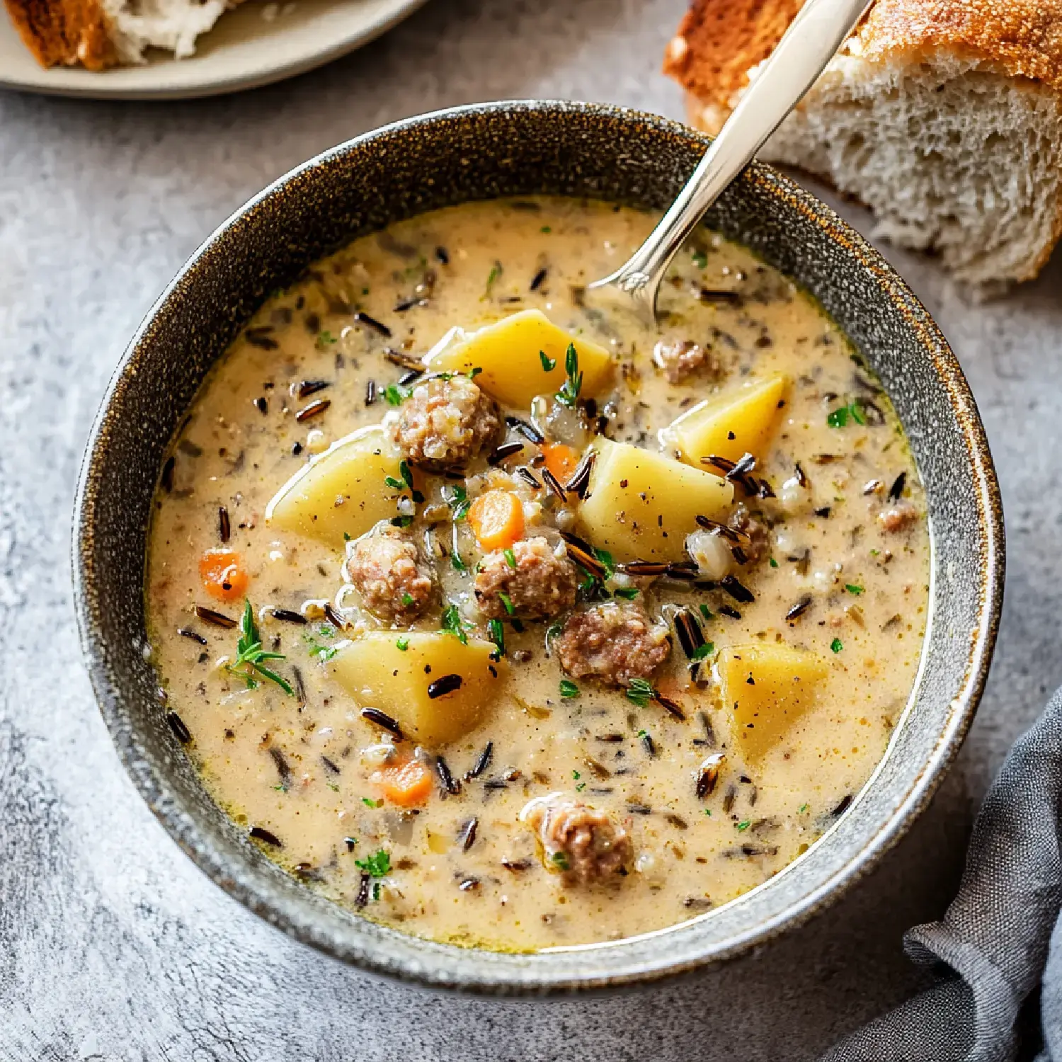 A bowl of creamy soup containing potatoes, meatballs, carrots, and wild rice, accompanied by a piece of bread on the side.