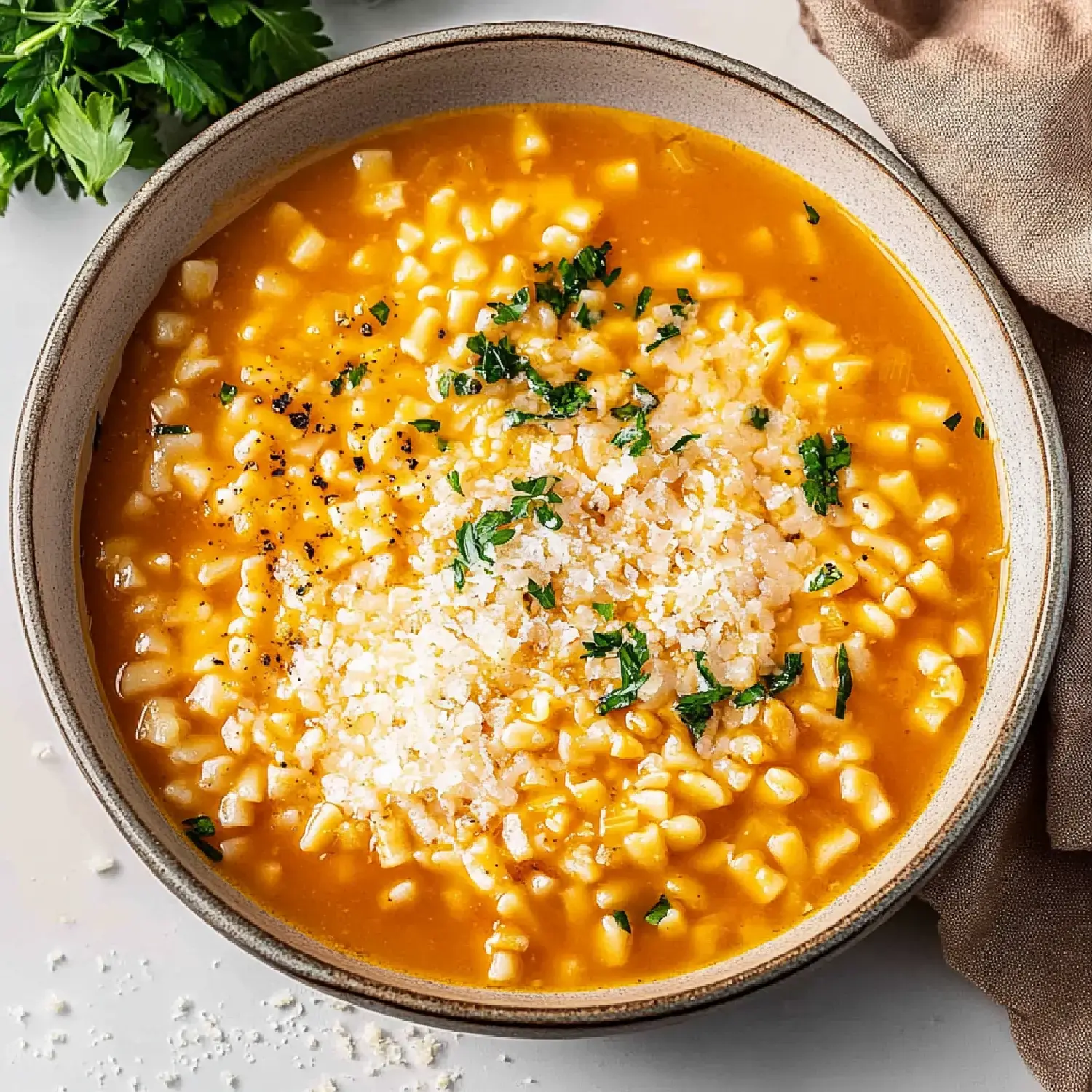 Un bol de soupe crémeuse avec du maïs, garni de fromage râpé et de persil frais.