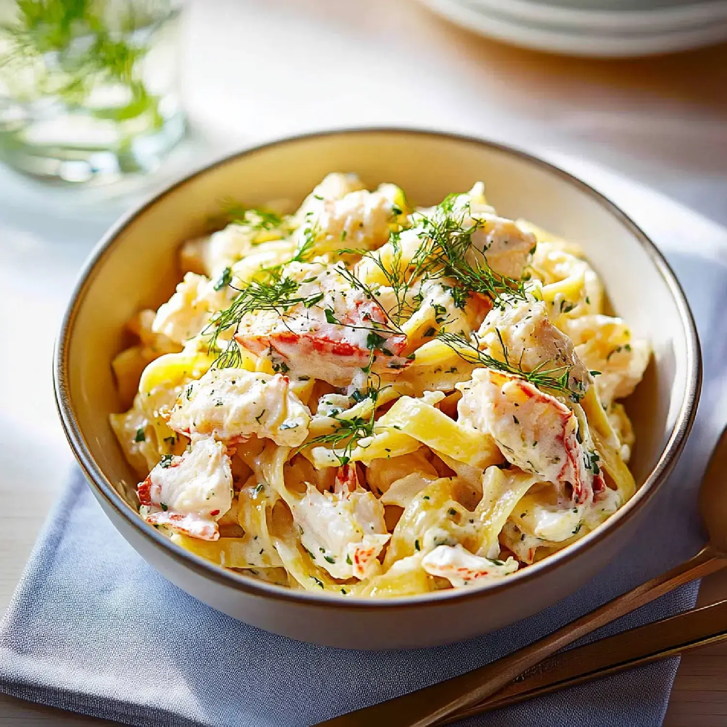 A bowl of creamy pasta with crab meat and fresh dill, garnished and served on a soft blue cloth.