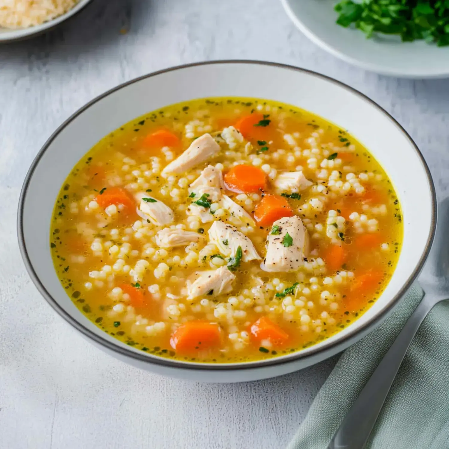 A bowl of chicken soup with broth, diced carrots, and pearl couscous, garnished with herbs, accompanied by a spoon and a napkin.