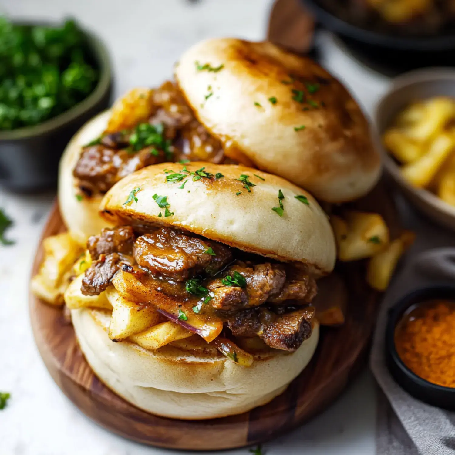 Two hearty sandwiches filled with tender beef and fried potatoes, garnished with chopped parsley, are served on a wooden board alongside a small bowl of sauce and a portion of fries.