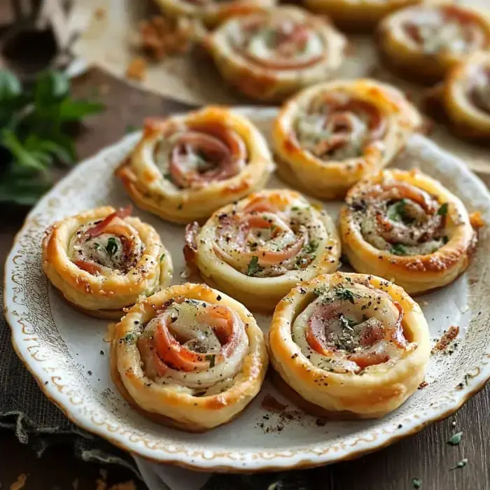 A plate of golden, spiral-shaped ham and cheese pastries garnished with herbs.