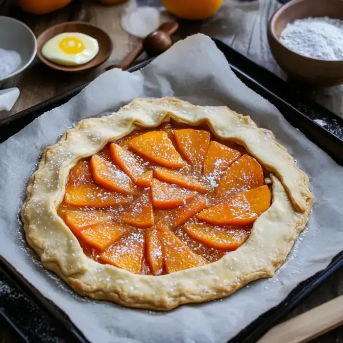 A freshly baked galette featuring sliced oranges arranged in a decorative pattern, dusted with powdered sugar, on a parchment-lined baking tray.