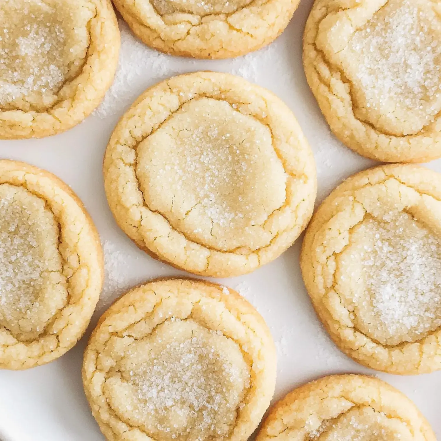 A plate of round, sugar-dusted cookies arranged in a circular pattern.