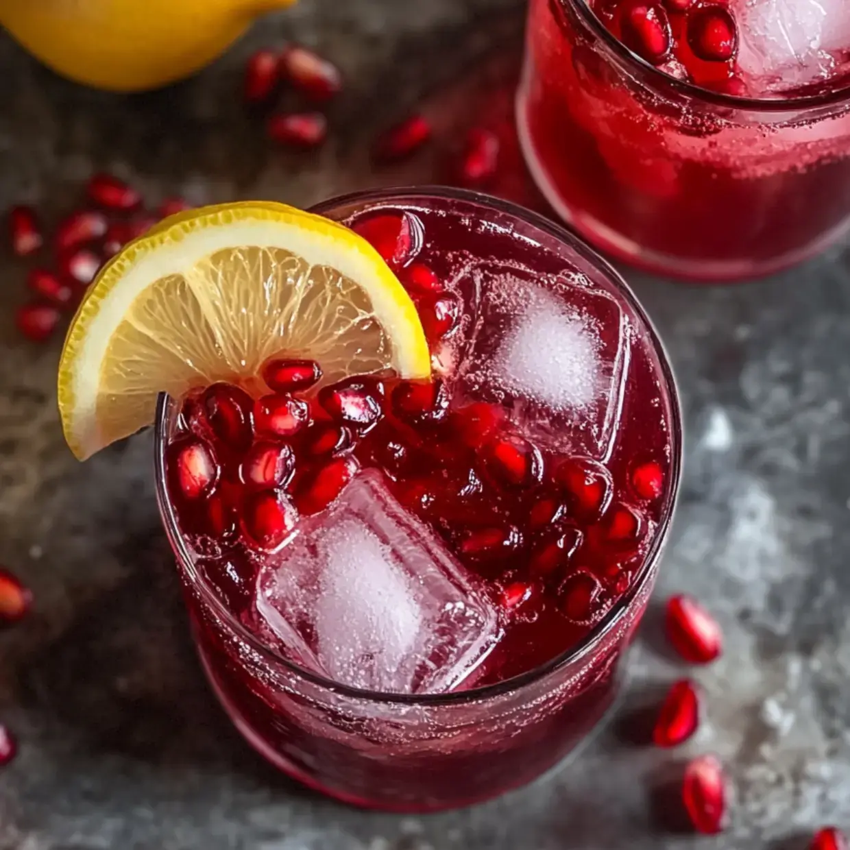 A close-up of a refreshing pomegranate beverage garnished with a lemon slice and ice cubes, surrounded by scattered pomegranate seeds.