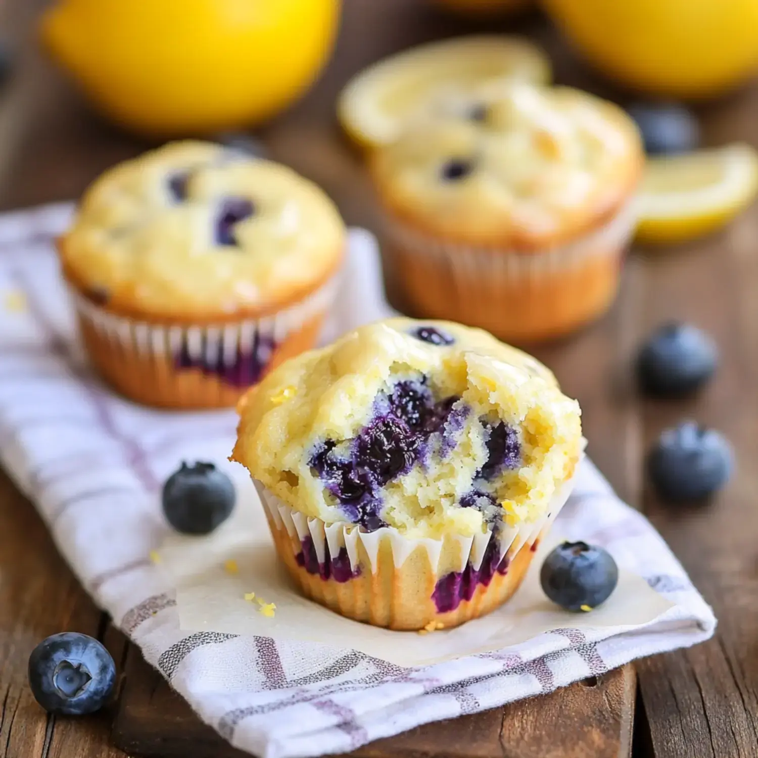 A close-up of a blueberry muffin with a bite taken out, surrounded by whole muffins, fresh blueberries, and lemon slices on a wooden surface.