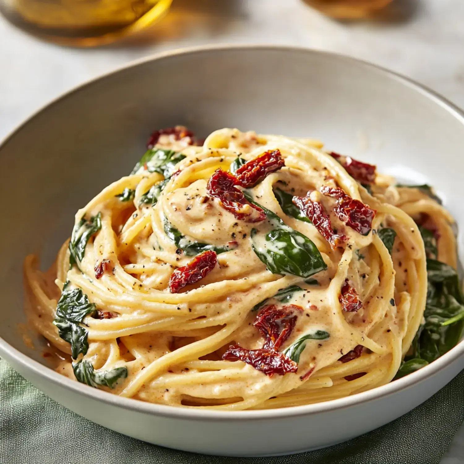 A creamy pasta dish featuring spaghetti, spinach, and sun-dried tomatoes in a bowl.