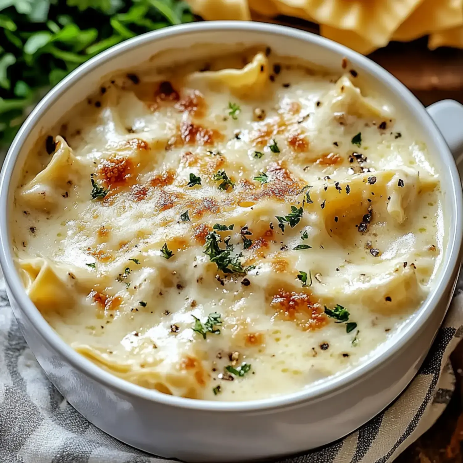 A creamy pasta dish topped with melted cheese and garnished with parsley, served in a white bowl.