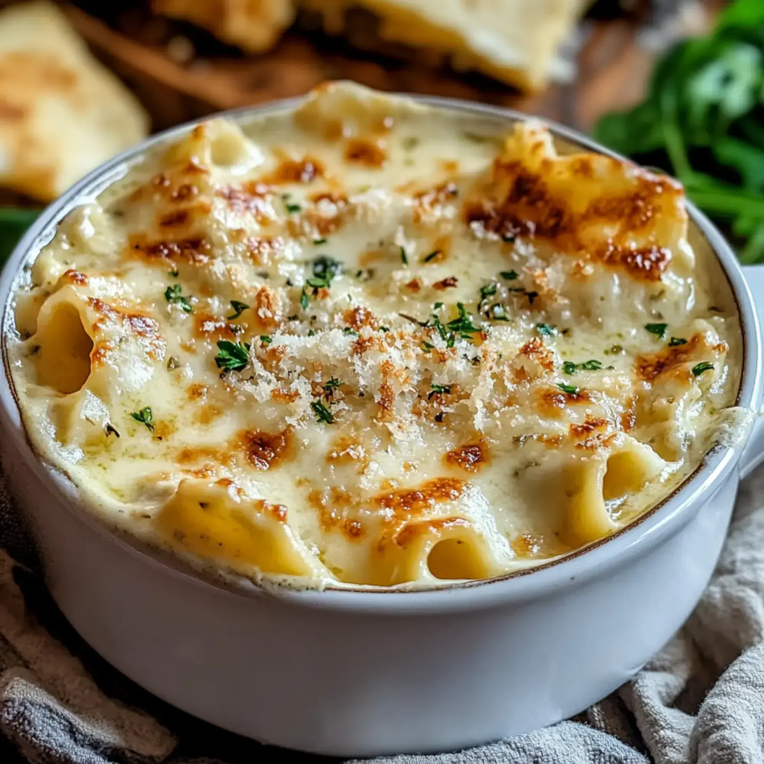 A creamy baked pasta dish topped with golden cheese and garnished with fresh herbs.