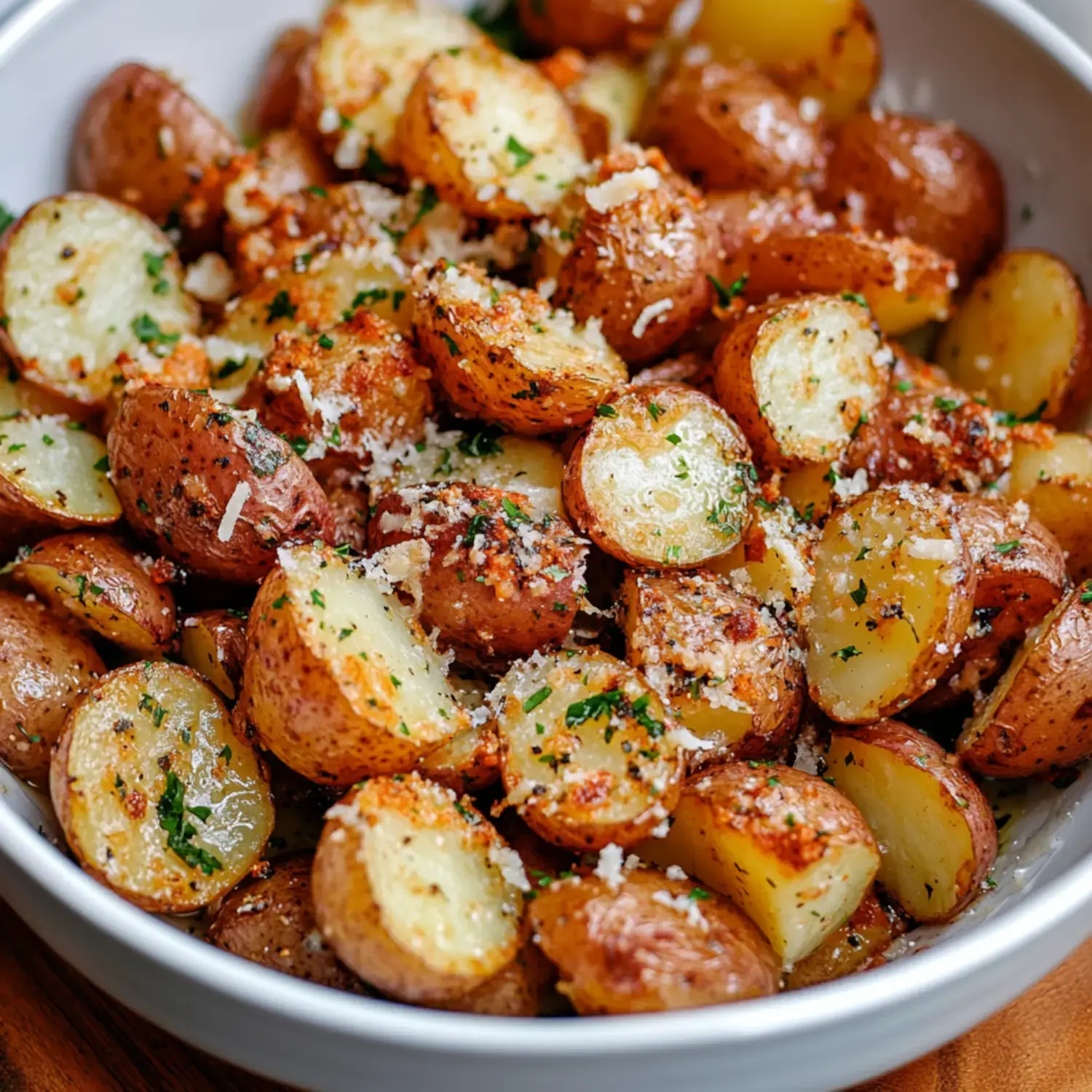 A bowl of roasted baby potatoes garnished with herbs and grated cheese.