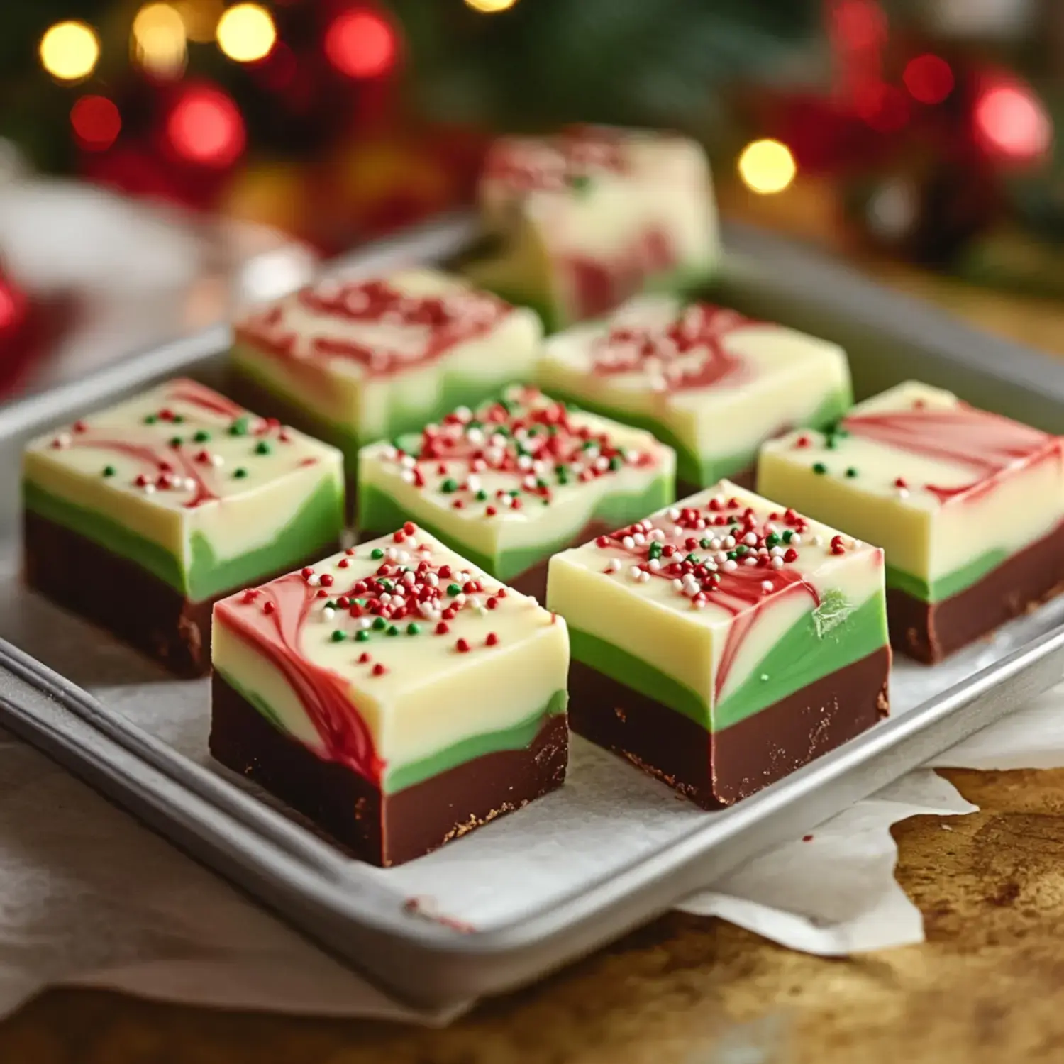 A silver tray filled with colorful layered fudge pieces decorated with red and green sprinkles, set against a festive backdrop of Christmas ornaments.