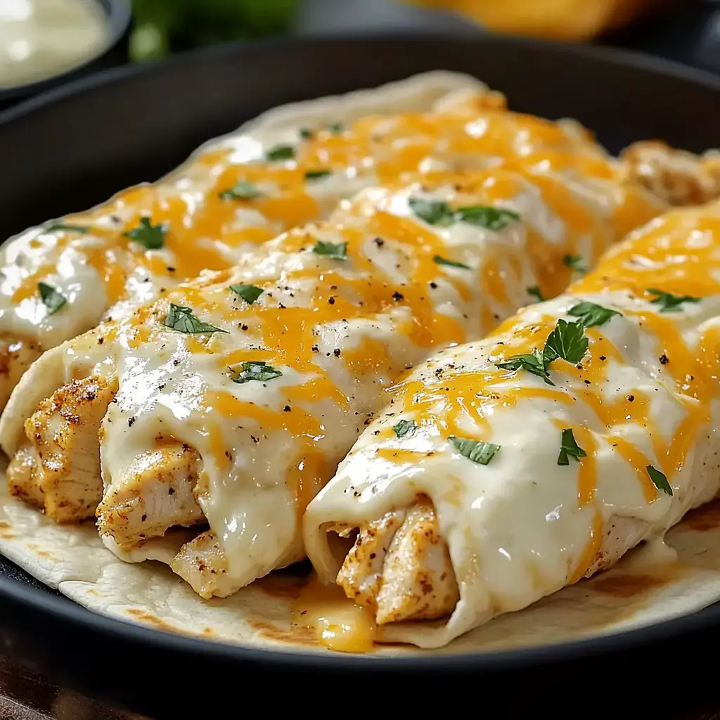 A close-up of three enchiladas topped with melted cheese and garnished with cilantro, served on a plate.