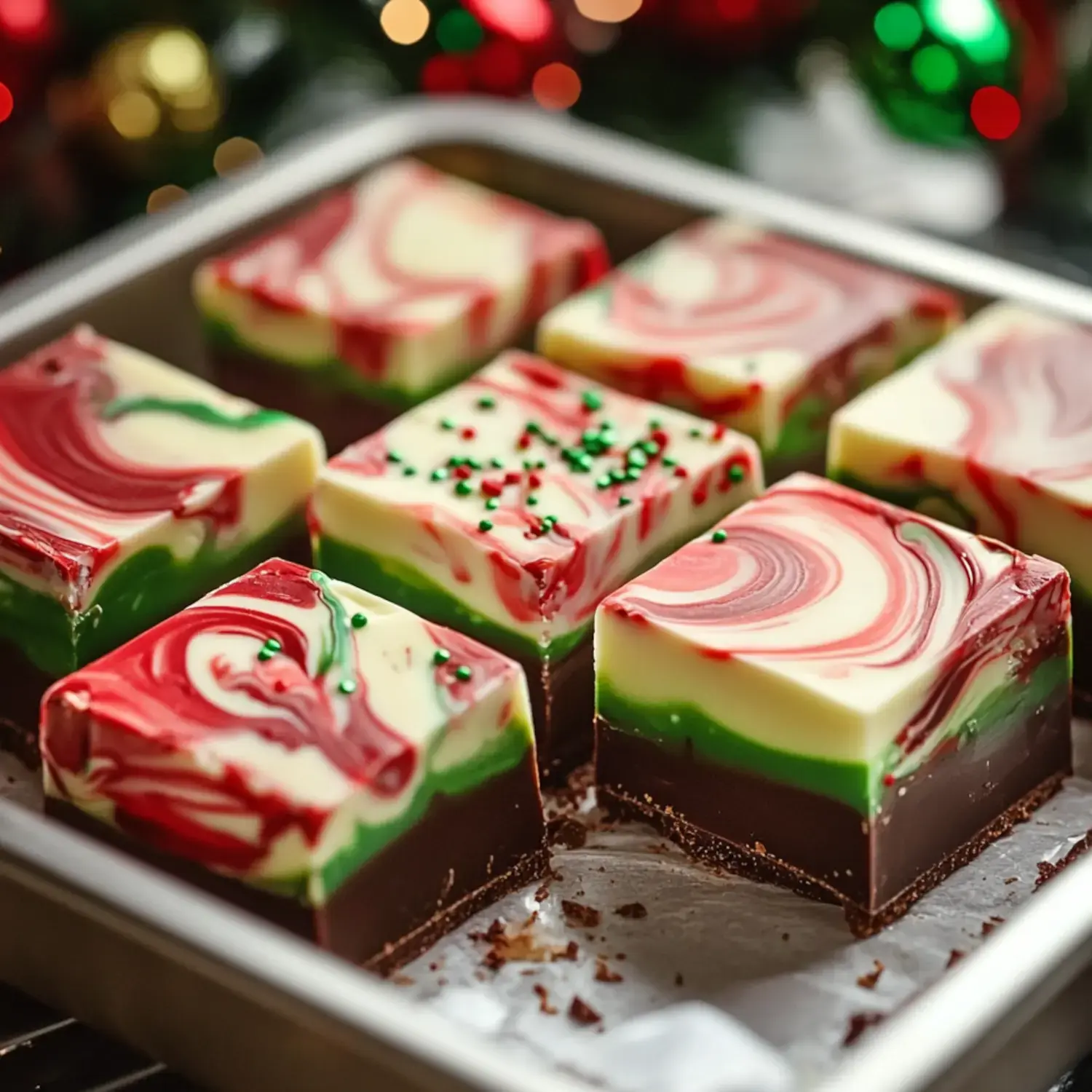 A tray of colorful layered fudge squares featuring red, green, and white swirls, garnished with festive sprinkles.