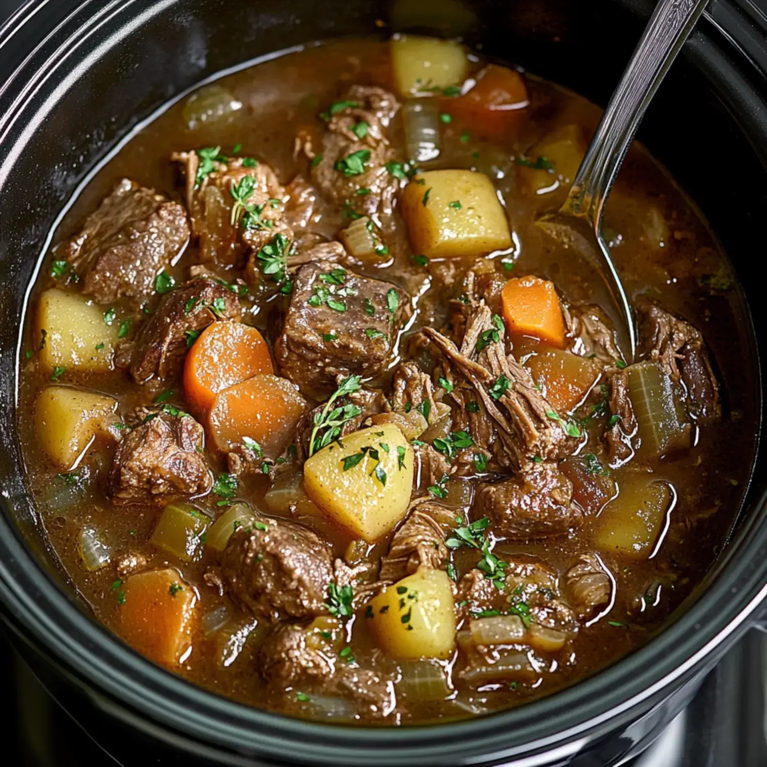 A close-up view of a hearty beef stew with chunks of meat, carrots, and potatoes, garnished with fresh parsley in a black slow cooker.