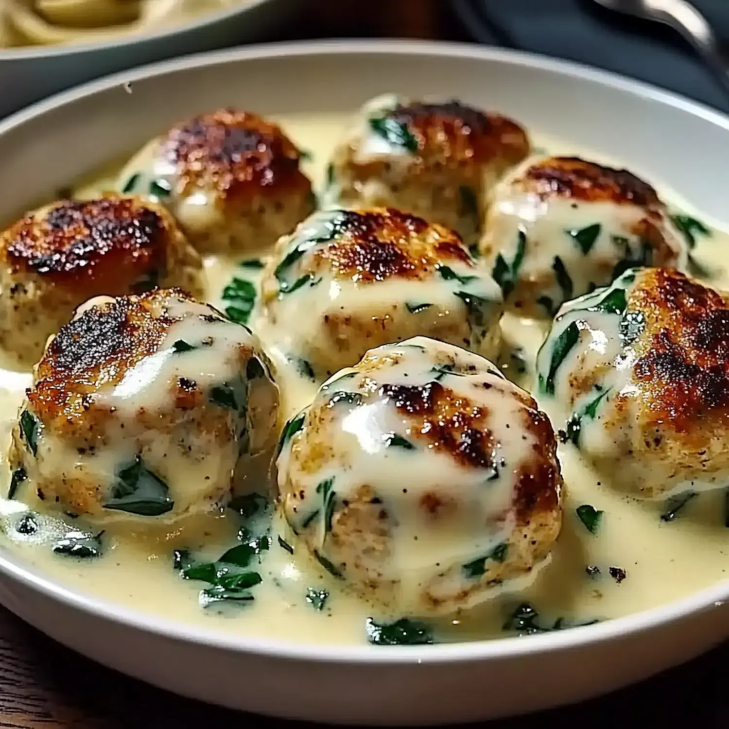 A close-up of seven golden-brown meatballs coated in a creamy sauce with spinach, served in a white bowl.