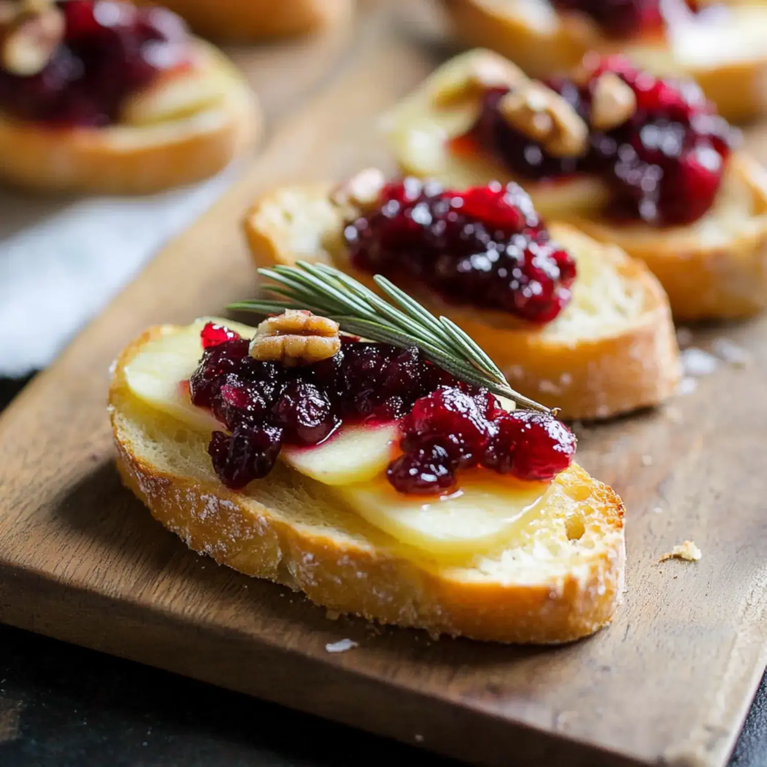 A wooden platter displays toasted bread slices topped with apple slices, cranberry sauce, and a pecan, garnished with a sprig of rosemary.