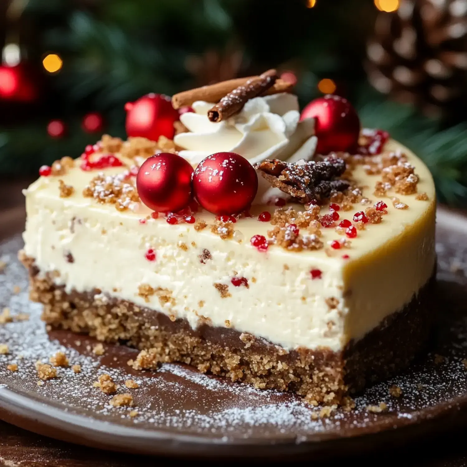 A slice of festive cheesecake topped with red edible decorations, whipped cream, and cinnamon sticks on a wooden plate.