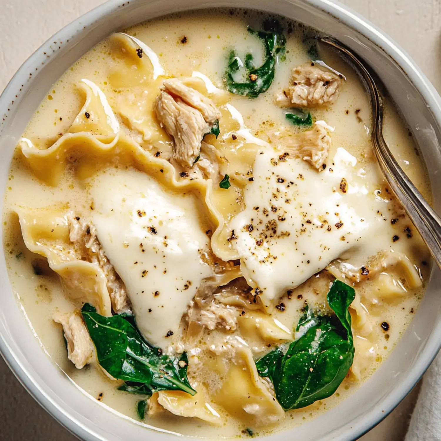 A bowl of creamy soup featuring chicken, spinach, and lasagna noodles topped with cheese.