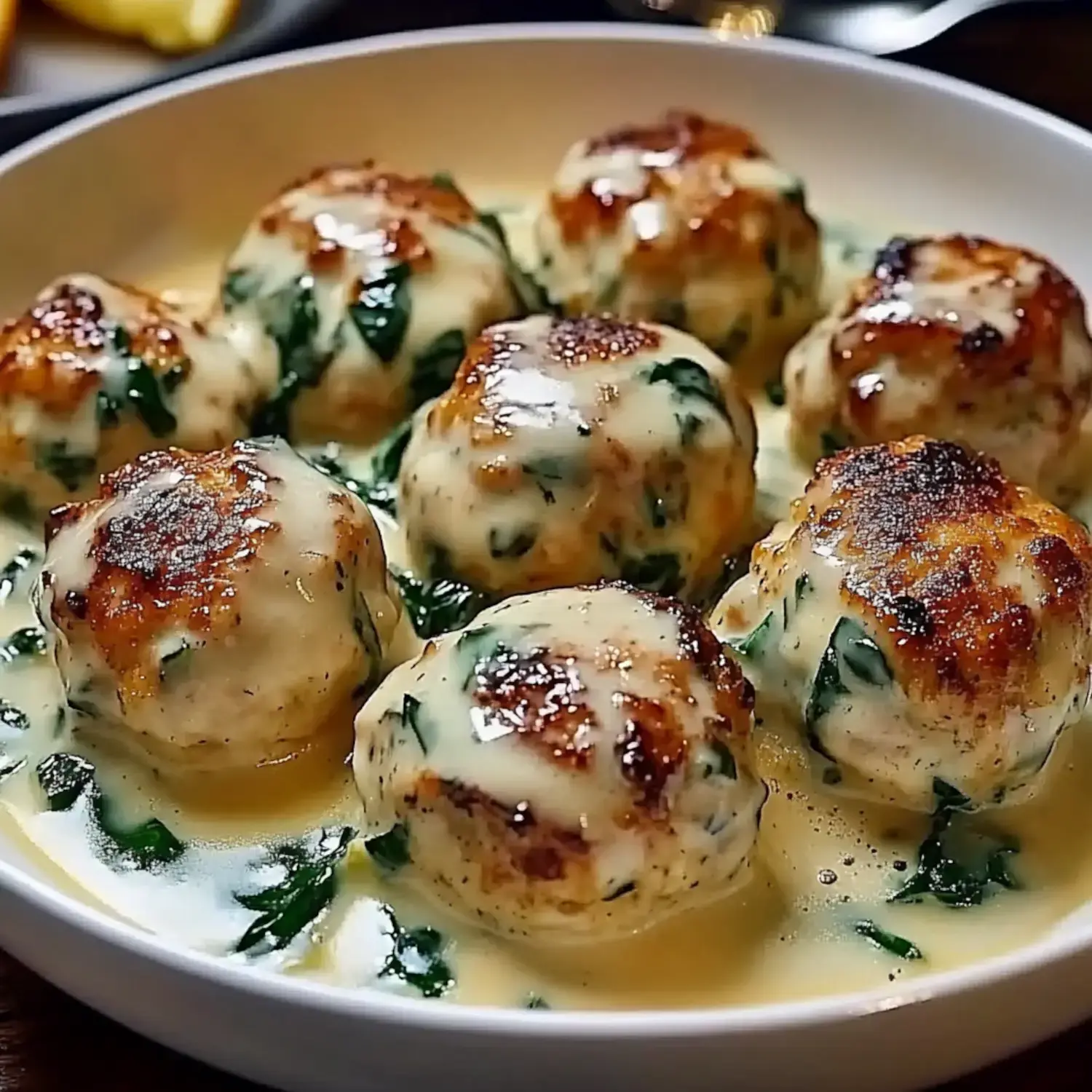 A bowl of delicious, golden-brown meatballs coated in creamy sauce and garnished with leafy greens.