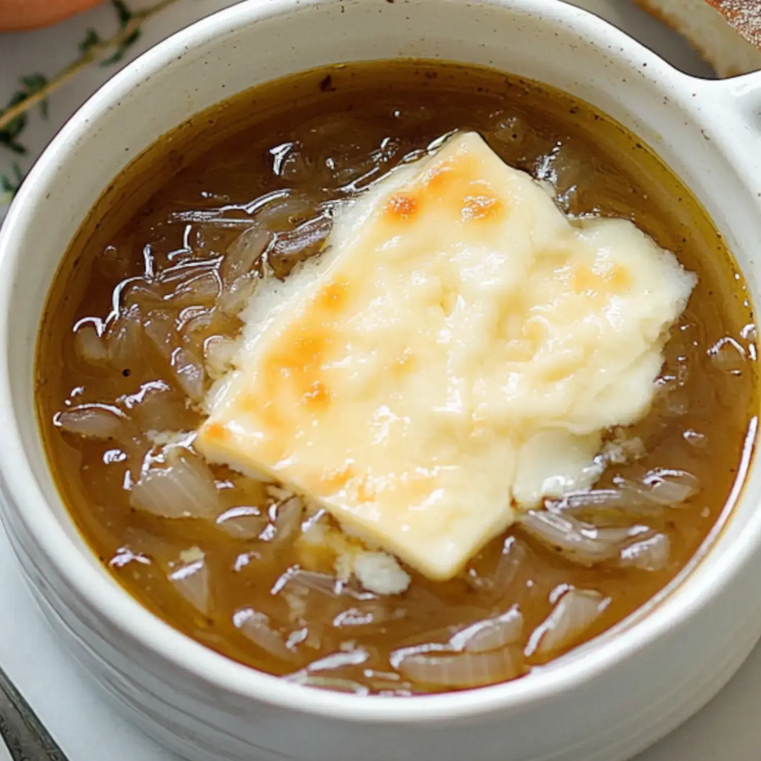 A bowl of French onion soup topped with a slice of melted cheese.