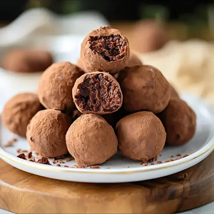 A plate of chocolate truffles stacked on top of each other, with one truffle cut in half to show the gooey interior.