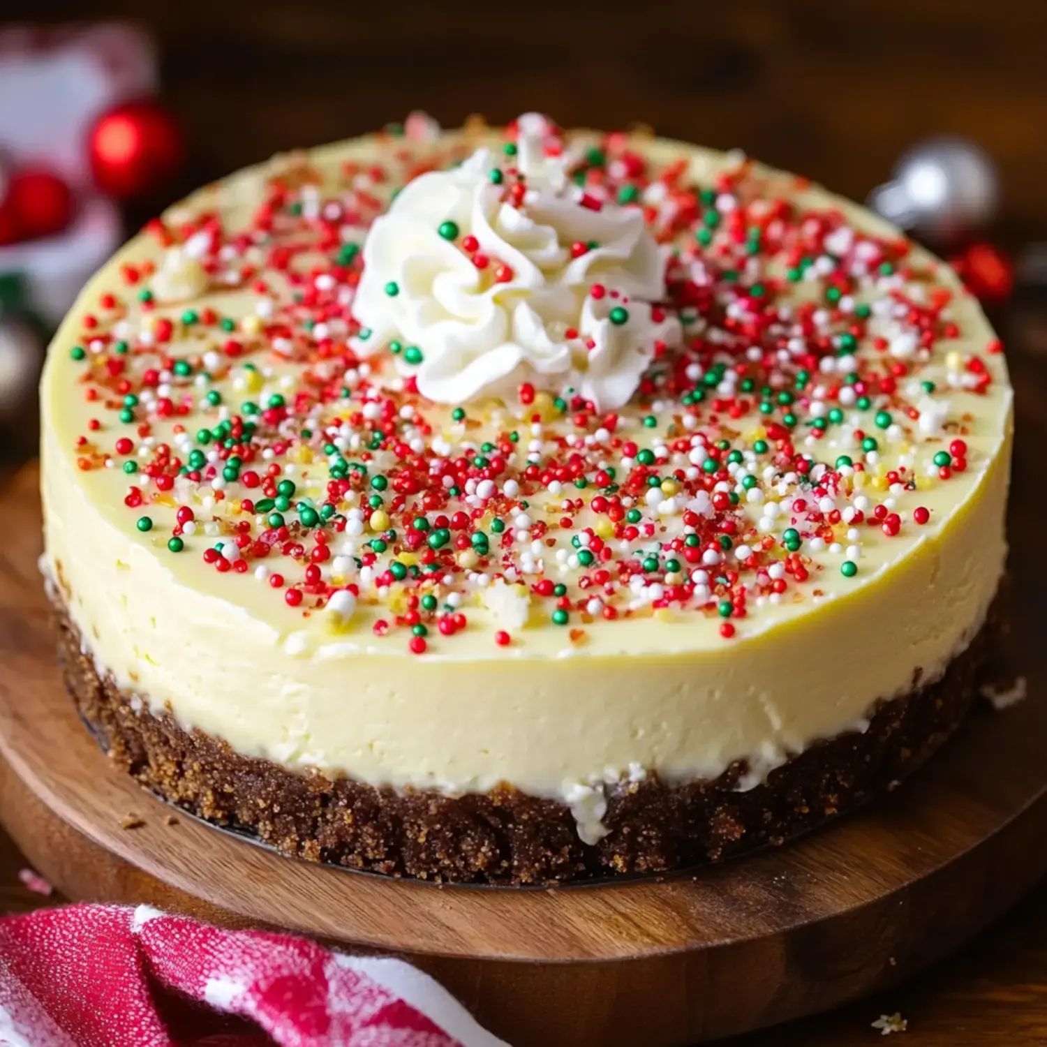 A festive cheesecake topped with colorful sprinkles and a dollop of whipped cream, displayed on a wooden serving board.