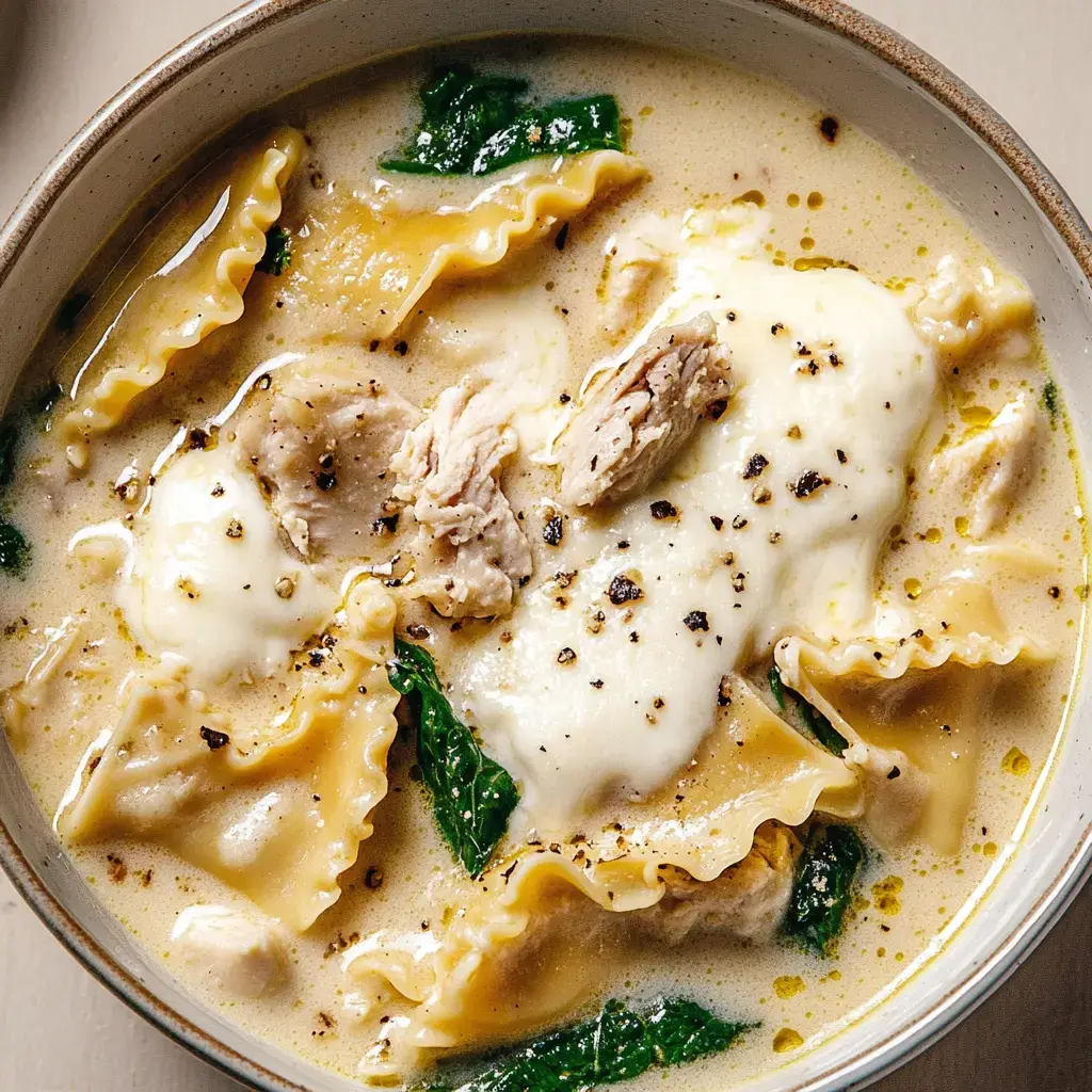 A bowl of creamy chicken soup featuring pieces of chicken, pasta, and leafy greens, topped with melted cheese and black pepper.