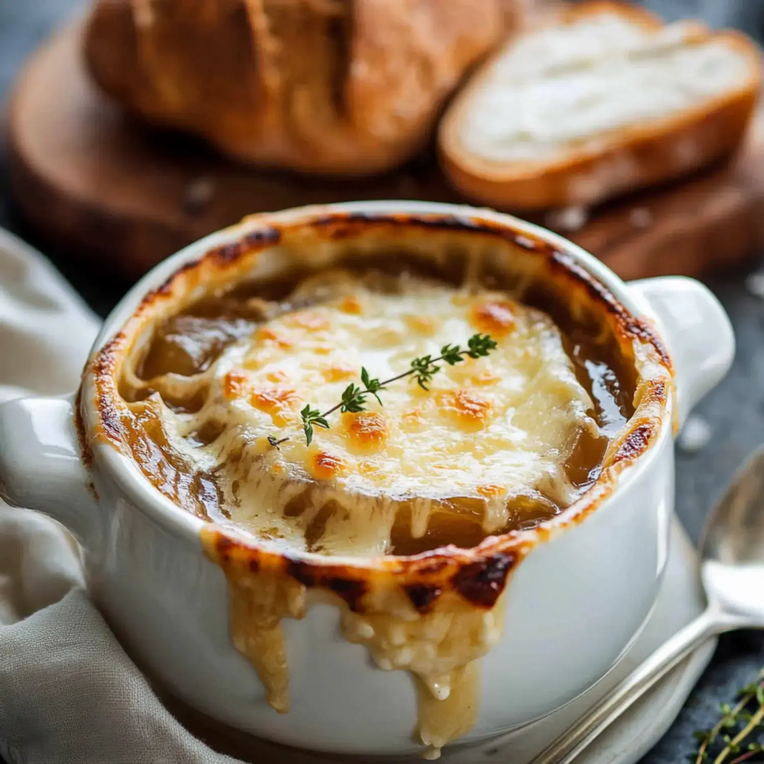 A bowl of melted cheese-topped French onion soup garnished with thyme, accompanied by slices of bread.