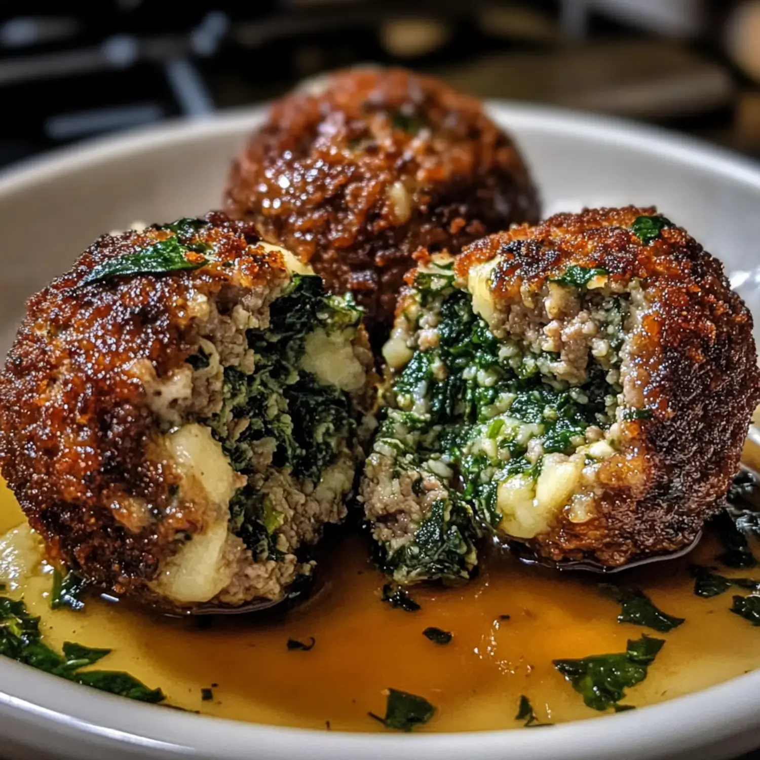 Three golden-brown meatballs are nestled in a bowl, two of which are cut open to reveal a filling of ground meat and leafy greens, surrounded by a drizzle of sauce and garnished with chopped herbs.