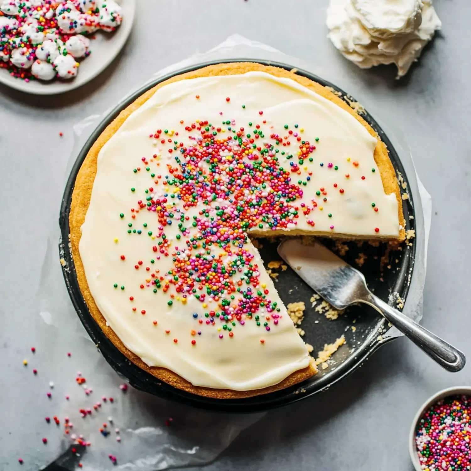 A round cake with white frosting and colorful sprinkles, partially sliced, surrounded by a plate of snacks and a dollop of whipped cream.