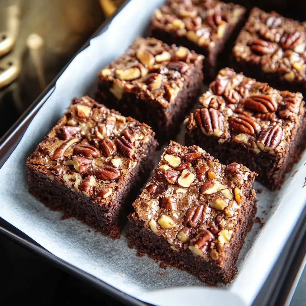 A tray of freshly baked brownie squares topped with walnuts and pecans is displayed on parchment paper.