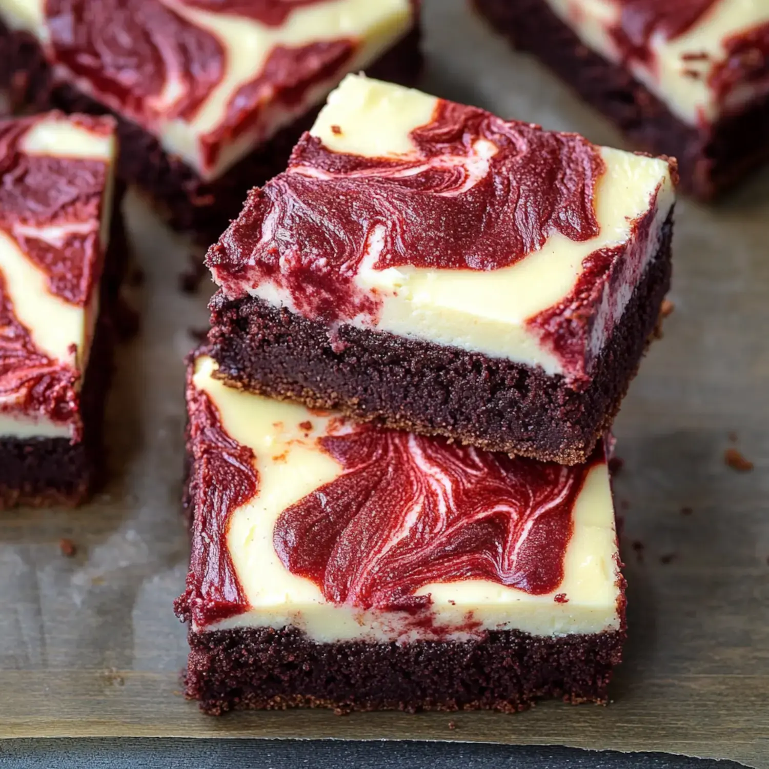 A close-up of layered brownies featuring a swirled red and yellow cream cheese topping over a dark chocolate base.