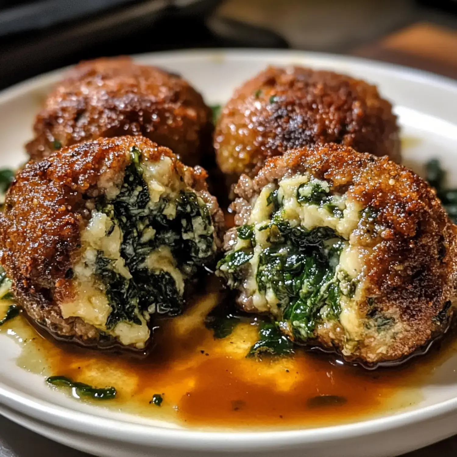 A close-up of four breaded and fried balls filled with spinach and cheese, served on a plate with sauce and greens.