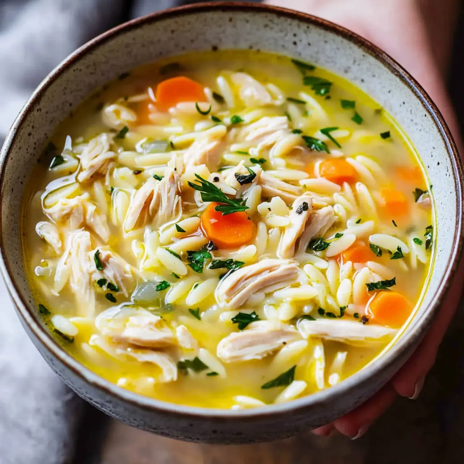 A person holding a bowl of chicken orzo soup garnished with carrots and herbs.