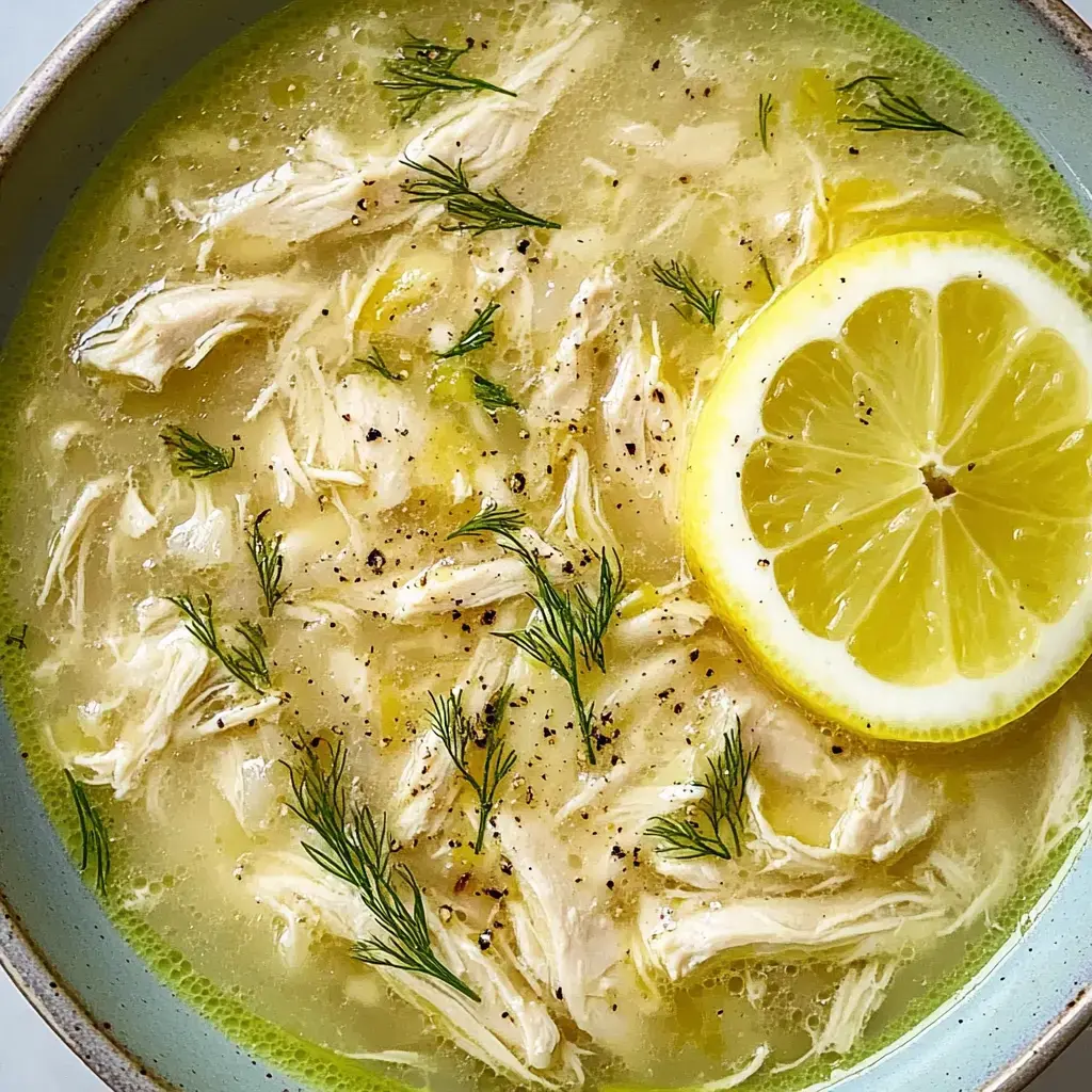 A bowl of chicken soup garnished with fresh dill and a slice of lemon.