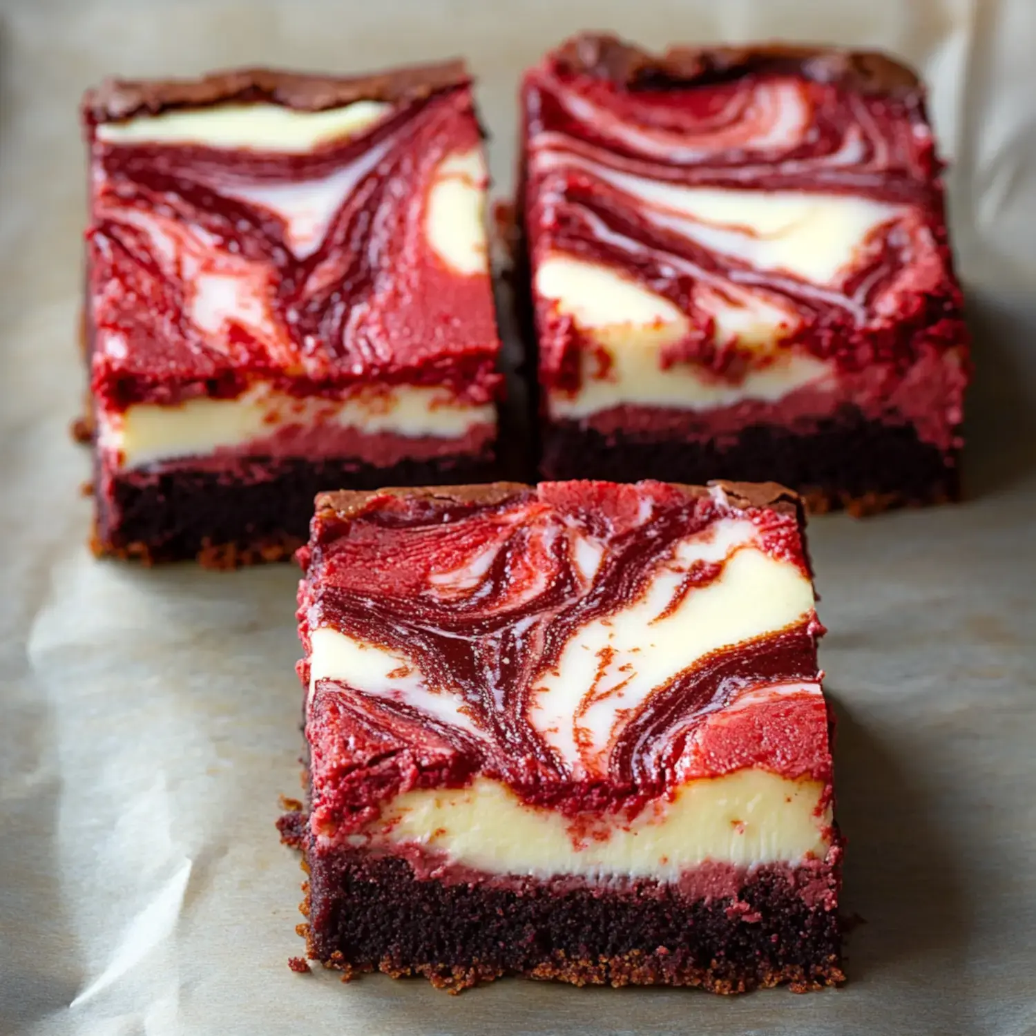 Three slices of red velvet cheesecake brownies arranged on parchment paper.