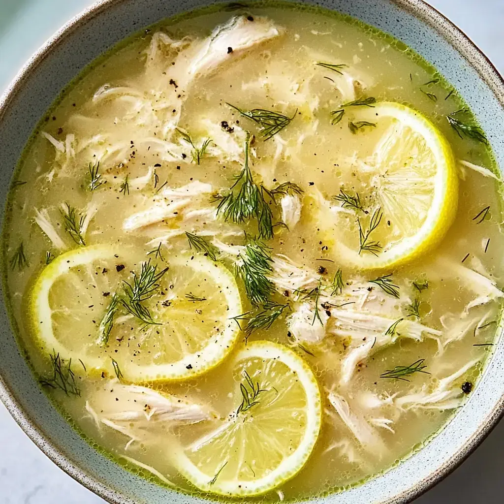 A bowl of light chicken soup garnished with shredded chicken, slices of lemon, and fresh dill.