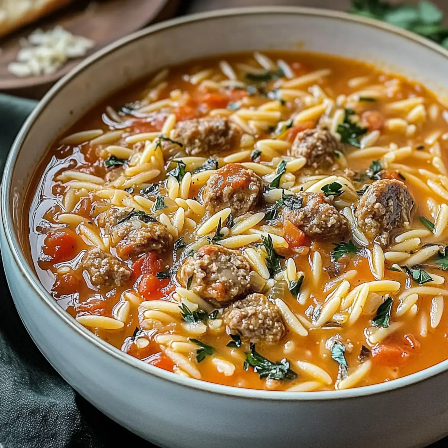 A bowl of hearty soup with meatballs, orzo pasta, and diced tomatoes, garnished with fresh herbs.