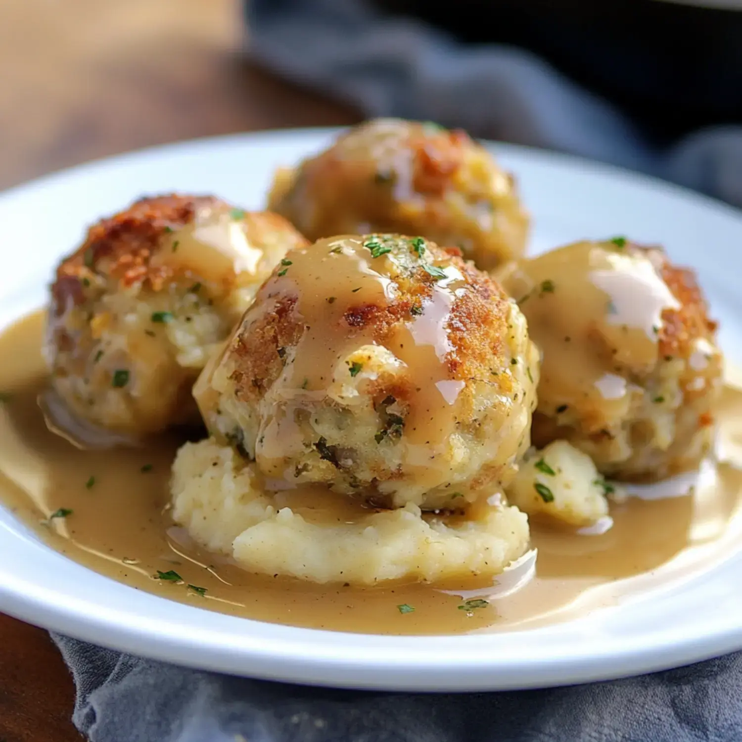 A plate of fluffy mashed potatoes topped with savory stuffing balls and drizzled with rich gravy.