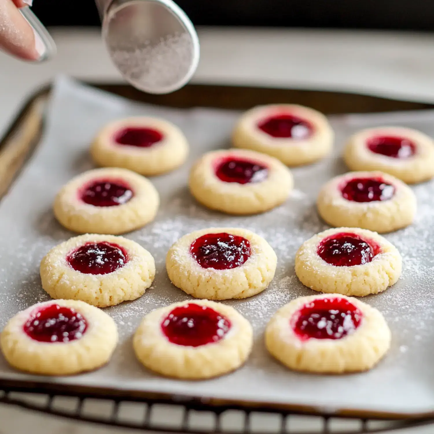 A tray of cookies with a jam center is being dusted with powdered sugar.