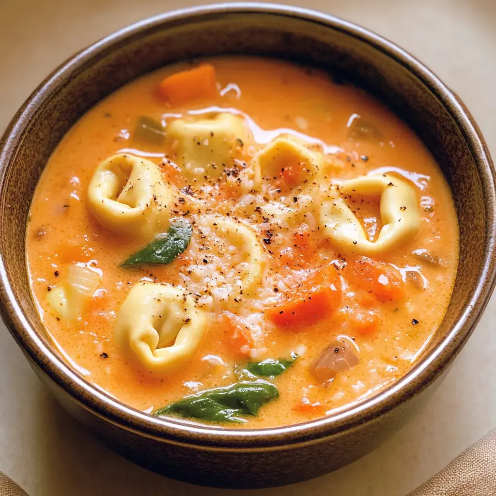 A bowl of creamy tortellini soup with vegetables, garnished with herbs and spices.