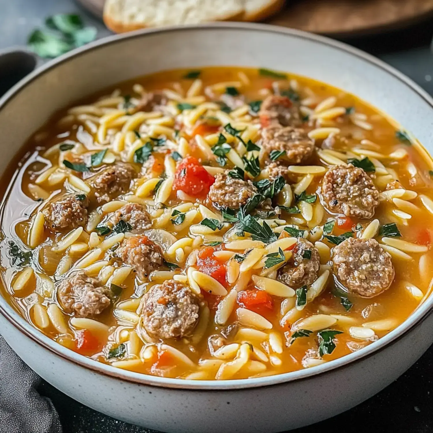 A bowl of soup featuring orzo pasta, meatballs, diced tomatoes, and fresh herbs.