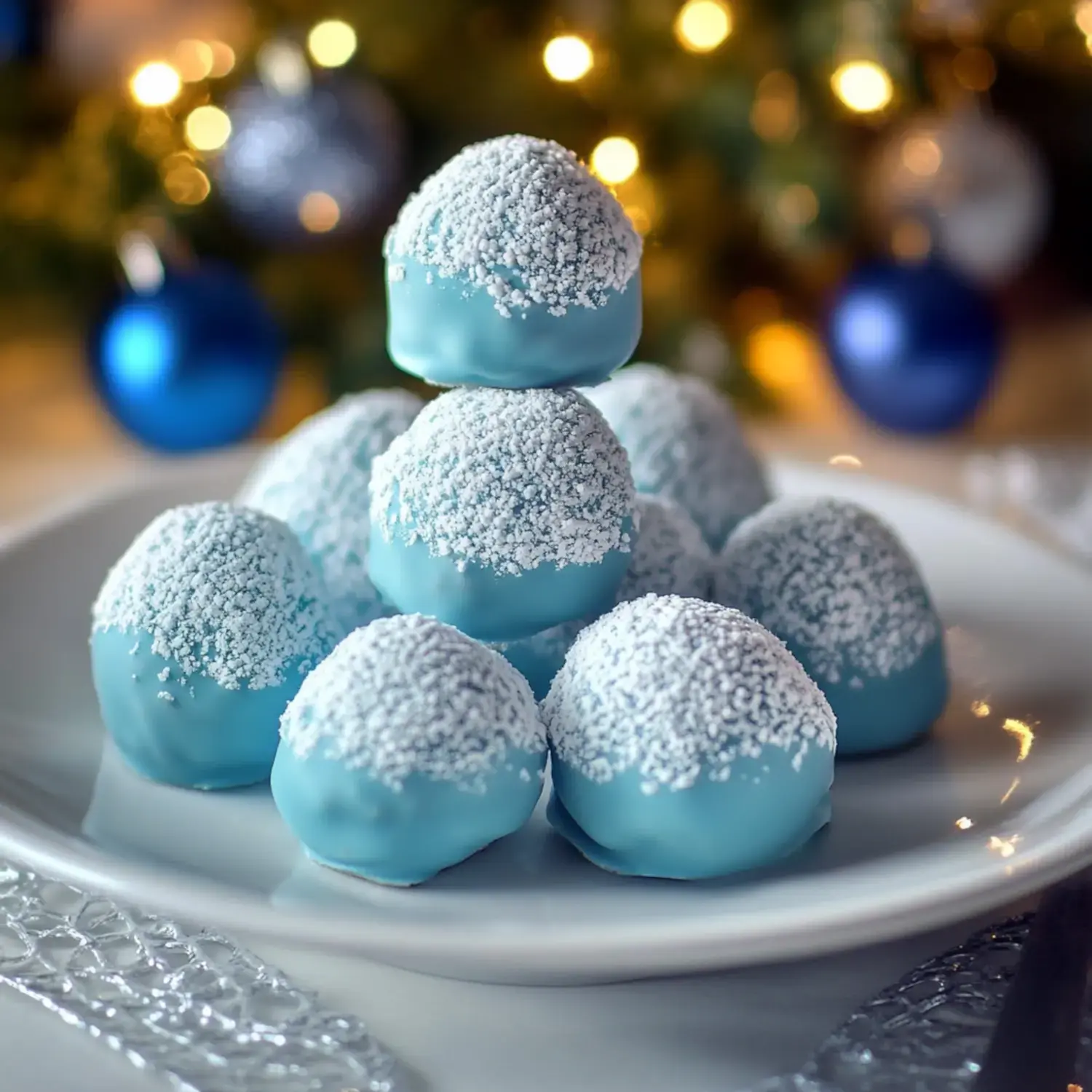 A plate of blue holiday-themed confections, topped with white sugary coating, is arranged in a festive display.