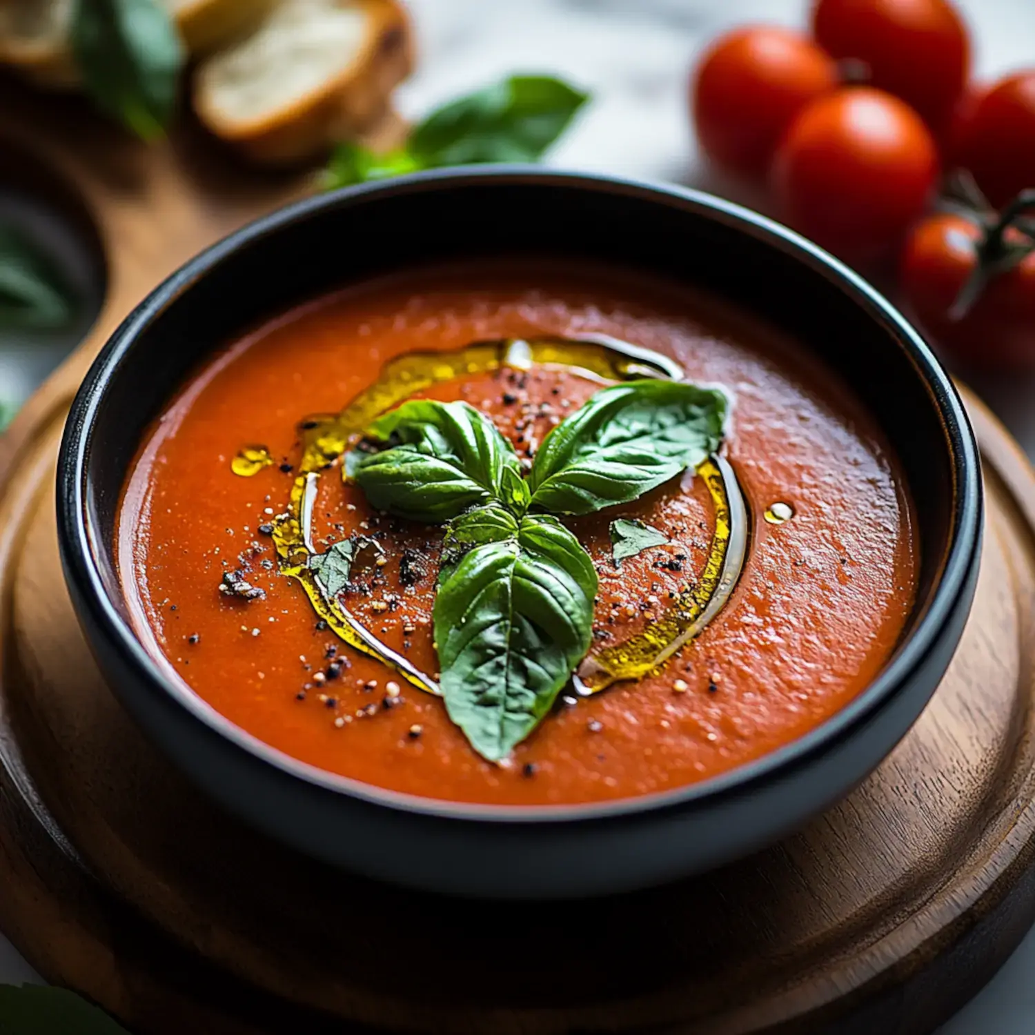 A bowl of vibrant tomato soup garnished with fresh basil leaves and a drizzle of olive oil, accompanied by cherry tomatoes and bread in the background.