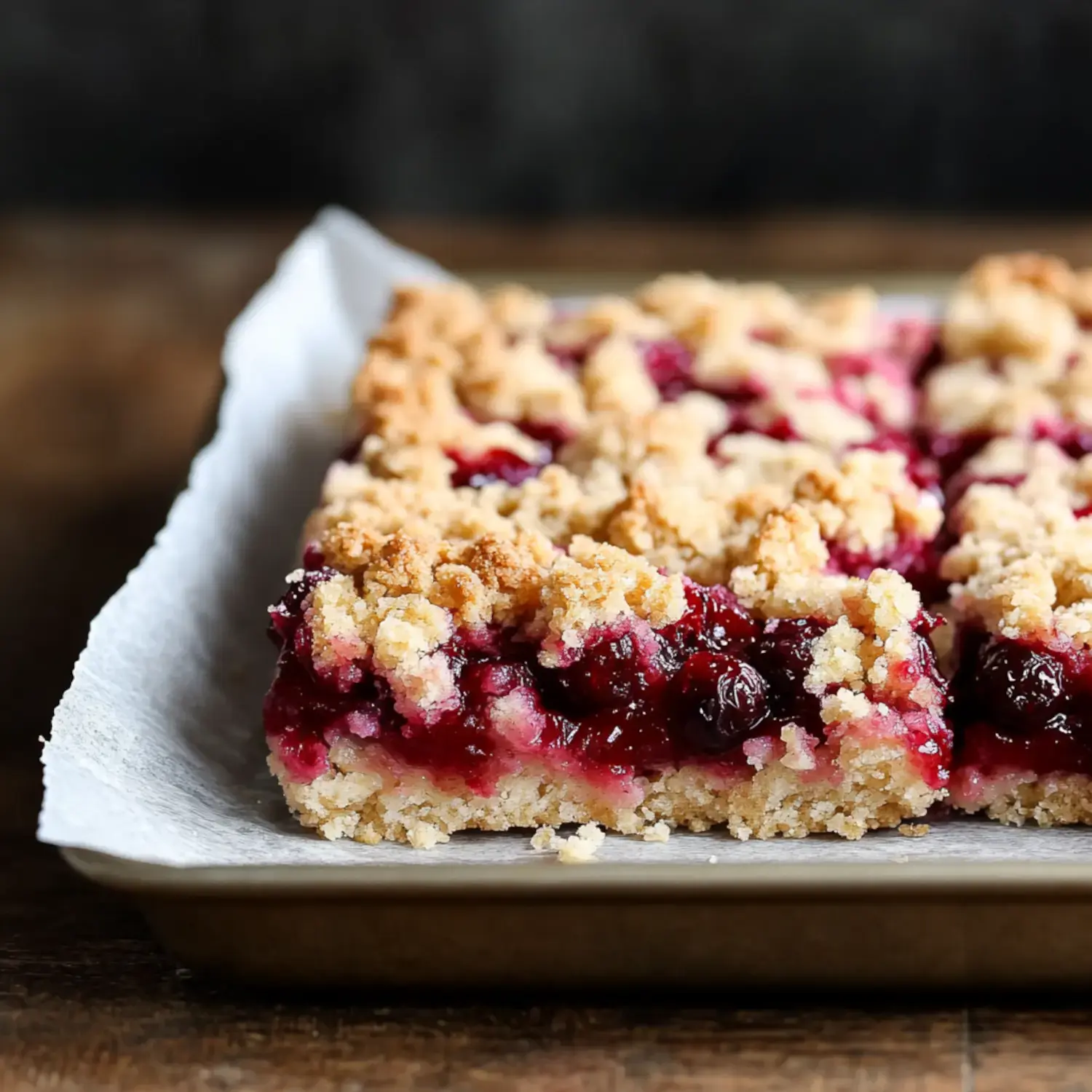 A close-up of a baked berry crumble bar with a golden crumb topping and berry filling on a parchment-lined tray.